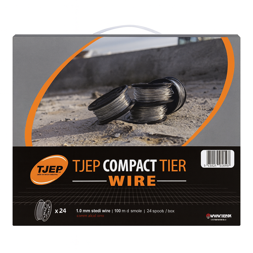 TJEP Compact Tier Wire packaging with two coiled wires on a concrete surface.